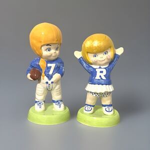 Vtg 1960s-1970s Hand Painted Ceramic Children Football Player/Cheerleader Set